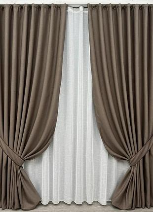 Комплект штор с тюлем vr-textil рогожка премиум terra luxe, какао с белым, 2 шторы 150×270 см + тюль 400×270 см, арт. 71-078/3