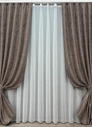 Комплект штор с тюлем vr-textil лен мрамор, какао с белым, 2 шторы 100×270 см + тюль 300×270 см, арт. 71-014/1