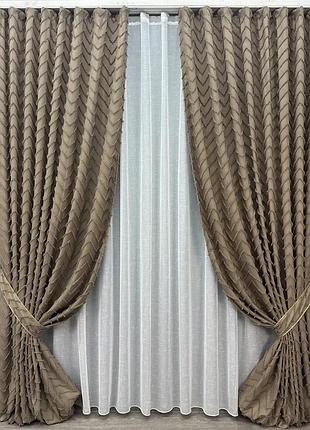 Комплект штор с тюлем vr-textil лен букле, какао с белым, 2 шторы 150×270 см + тюль 400×270 см, арт. 71-041/3