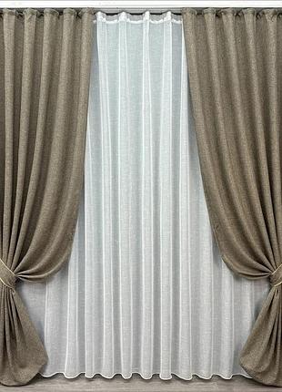 Комплект штор з тюлем vr-textil льон мішковина, какао з білим, 2 штори 100×270 см + тюль 300×270 см, арт. 71-023/1