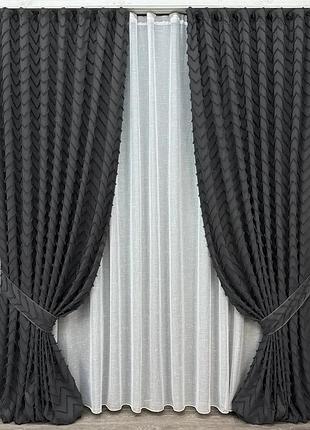 Комплект штор с тюлем vr-textil лен букле, графитовый с белым, 2 шторы 150×270 см + тюль 400×270 см, арт. 71-038/3