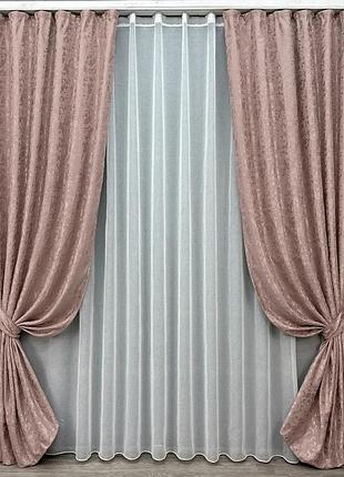 Комплект штор с тюлем vr-textil лен мрамор, пудровый с белым, 2 шторы 150×270 см + тюль 600×270 см, арт. 71-012/5