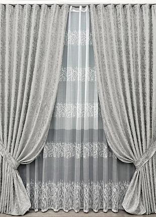 Комплект штор с тюлем vr-textil лен мрамор, светло-серый с белым, 2 шторы 100×270 см + тюль 300×270 см, арт. 71-168/1