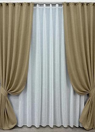 Комплект штор с тюлем vr-textil лен мешковина, капучино с белым, 2 шторы 150×270 см + тюль 500×270 см, арт. 71-035/4