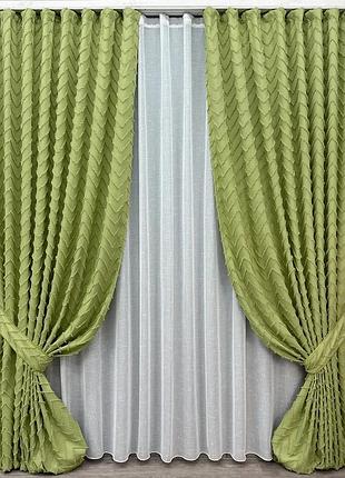 Комплект штор с тюлем vr-textil лен букле, оливковый с белым, 2 шторы 150×270 см + тюль 400×270 см, арт. 71-044/3