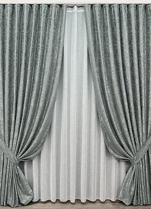 Комплект штор с тюлем vr-textil лен мрамор, серый с белым, 2 шторы 100×270 см + тюль 300×270 см, арт. 71-126/1