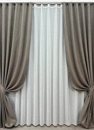 Комплект штор з тюлем vr-textil льон мішковина, сірий з білим, 2 штори 100×270 см + тюль 300×270 см, арт. 71-029/1