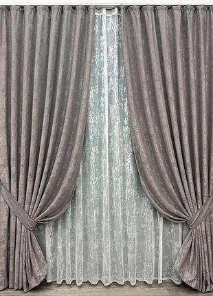Комплект штор с тюлем vr-textil жаккард мрамор, серо-пудровый с белым, 2 шторы 150×270 см + тюль 500×270 см, арт. 71-007/4
