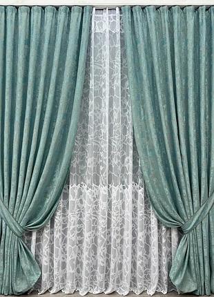 Комплект штор с тюлем vr-textil жаккард мрамор, бирюзовый с белым, 2 шторы 100×270 см + тюль 300×270 см, арт. 71-185/1