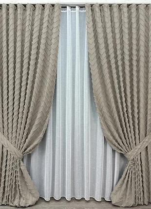 Комплект штор с тюлем vr-textil лен букле, тауп с белым, 2 шторы 150×270 см + тюль 400×270 см, арт. 71-043/3