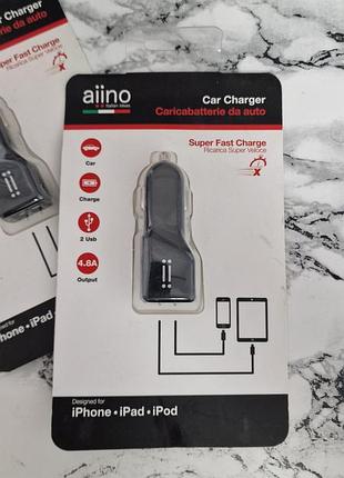 Автомобільний зарядний пристрій бренду aiino з двома usb-портами та вихідною потужністю 4.8a.