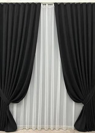 Комплект штор с тюлем vr-textil микровелюр petek, черный с белым, 2 шторы 100×270 см + тюль 300×270 см, арт. 71-154/1