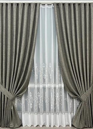 Комплект штор с тюлем vr-textil лен alora-ton, серый с белым, 2 шторы 100×270 см + тюль 300×270 см, арт. 71-202/1