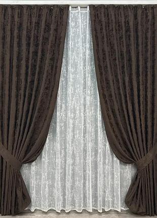 Комплект штор с тюлем vr-textil жаккард мрамор, венге с белым, 2 шторы 150×270 см + тюль 600×270 см, арт. 71-191/5