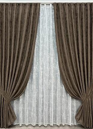 Комплект штор з тюлем vr-textil жакард мармур, коричневий з білим, 2 штори 100×270 см + тюль 300×270 см, арт. 71-190/1