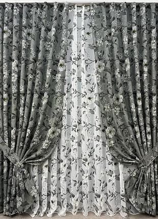 Комплект штор з тюлем vr-textil льон прованс, сірий з білим, 2 штори 100×265 см + тюль 300×265 см, арт. 71-104/1