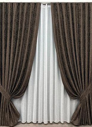 Комплект штор с тюлем vr-textil лен мрамор, венге с белым, 2 шторы 100×270 см + тюль 400×270 см, арт. 71-130/2