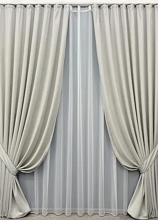 Комплект штор с тюлем vr-textil микровелюр petek, тауп с белым, 2 шторы 150×270 см + тюль 600×270 см, арт. 71-156/5