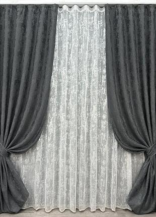 Комплект штор з тюлем vr-textil жакард мармур, графітовий з білим, 2 штори 200×270 см + тюль 500×270 см, арт. 71-003/6