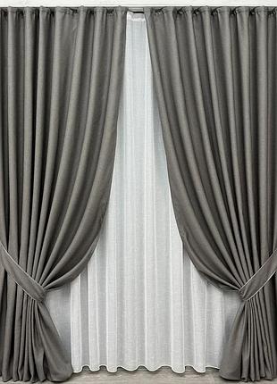 Комплект штор с тюлем vr-textil рогожка премиум terra luxe, темно-серый с белым, 2 шторы 150×270 см + тюль 400×270 см, арт.
