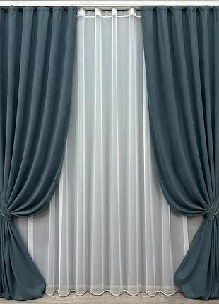 Комплект штор с тюлем vr-textil микровелюр petek, серо-голубой с белым, 2 шторы 100×270 см + тюль 300×270 см, арт. 71-033/1