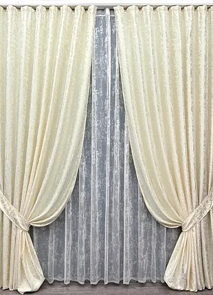 Комплект штор с тюлем vr-textil лен мрамор, молочный с белым, 2 шторы 100×270 см + тюль 300×270 см, арт. 71-136/1