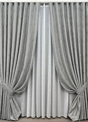 Комплект штор с тюлем vr-textil лен мрамор, светло-серый с белым, 2 шторы 100×270 см + тюль 300×270 см, арт. 71-125/1