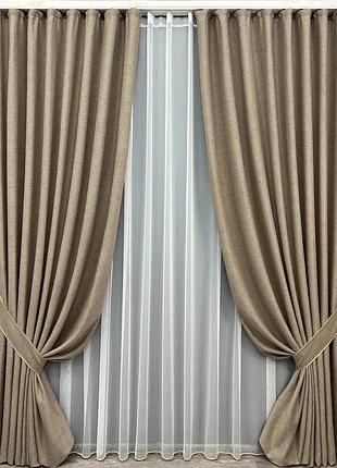 Комплект штор з тюлем vr-textil твід tweed_v, капучино з білим, 2 штори 100×270 см + тюль 300×270 см, арт. 71-143/1