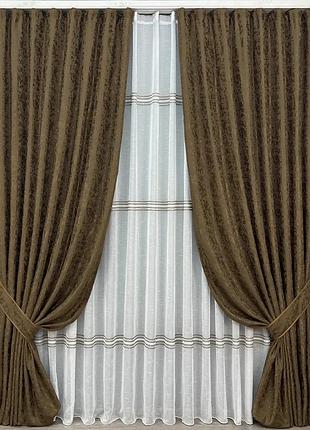Комплект штор с тюлем vr-textil лен мрамор, коричневый с белым, 2 шторы 100×270 см + тюль 400×270 см, арт. 71-176/2