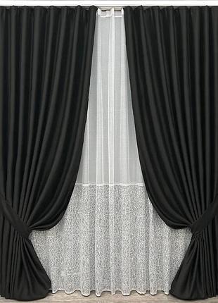 Комплект штор с тюлем vr-textil блэкаут bagema rvs, черный с белым, 2 шторы 100×270 см + тюль 300×270 см, арт. 71-169/1
