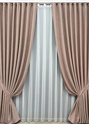 Комплект штор с тюлем vr-textil твид tweed_v, пудровый с белым, 2 шторы 100×270 см + тюль 300×270 см, арт. 71-147/1