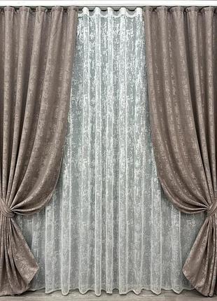 Комплект штор з тюлем vr-textil жакард мармур, какао з білим, 2 штори 200×270 см + тюль 600×270 см, арт. 71-008/7