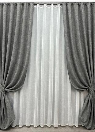 Комплект штор з тюлем vr-textil льон мішковина, сірий з білим, 2 штори 100×270 см + тюль 300×270 см, арт. 71-024/1