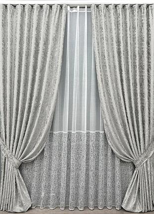 Комплект штор с тюлем vr-textil лен мрамор, светло-серый с белым, 2 шторы 100×270 см + тюль 300×270 см, арт. 71-167/1