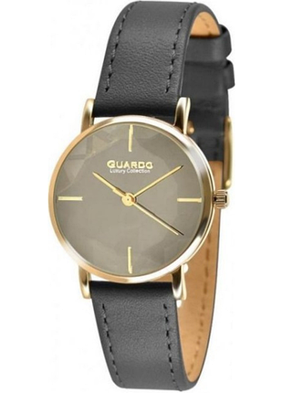 Жіночий годинник guardo luxury collection s02159-5 золотистий корпус чорний шкіряний ремінець сірий циферблат