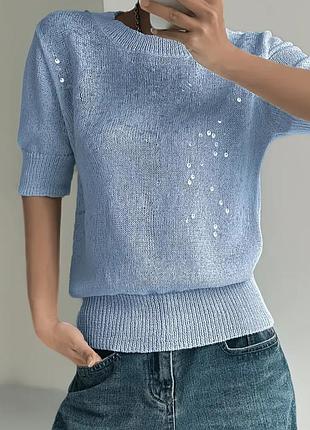 Стильная, нарядная блуза, кофточка с паетками, американка, р. 1xl, наш 52-56, голубой