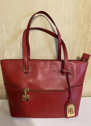 Сумка тоут жіноча lauren ralph lauren червона шкіряна