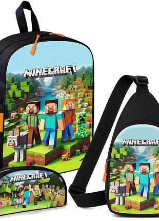 Набір minecraft герои 3 в 1: дитячий рюкзак + сумка-слінг + пенал, для хлопчика та дівчинки 7–9 років (6160)