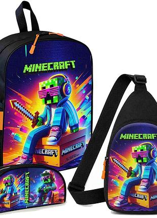 Набор minecraft крипер 3 в 1: детский рюкзак + сумка-слинг + пенал, для мальчика и девочки 7–9 лет (6172)