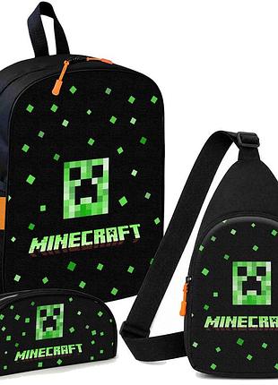 Набор minecraft крипер и пиксели 3 в 1: детский рюкзак + сумка-слинг + пенал, для мальчика и девочки 7–9 лет (6138)