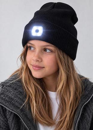 Дитяча демісезонна шапка біні докер для дівчинки з led ліхтарем usb without lighton black