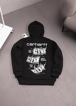 Мужское зимнее худи carhartt с капюшоном черное толстовка кархарт с принтом на флисе (b)
