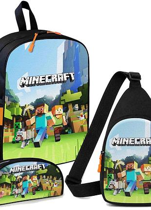 Набір minecraft стів та алекс 3 в 1: дитячий рюкзак + сумка-слінг + пенал, для хлопчика та дівчинки 7–9 років (6146)