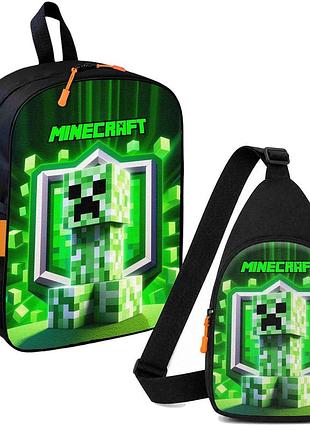 Набор minecraft крипер 2 в 1: детский рюкзак + сумка-слинг, для мальчика и девочки 7–9 лет (6181)