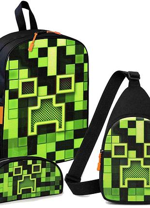 Набор minecraft крипер в пикселях 3 в 1: детский рюкзак + сумка-слинг + пенал, для мальчика и девочки 7–9 лет (6142)