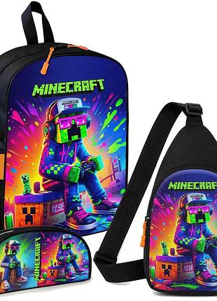 Набор minecraft крипер геймер 3 в 1: детский рюкзак + сумка-слинг + пенал, для мальчика и девочки 7–9 лет (6171)