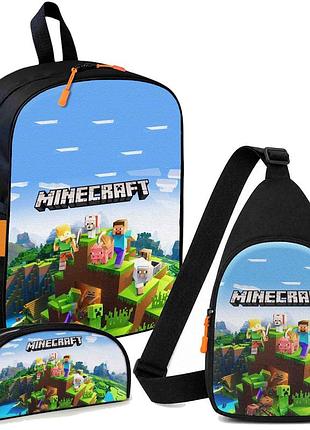 Набір minecraft герої 3 в 1: дитячий рюкзак + сумка-слінг + пенал, для хлопчика та дівчинки 7–9 років (6155)