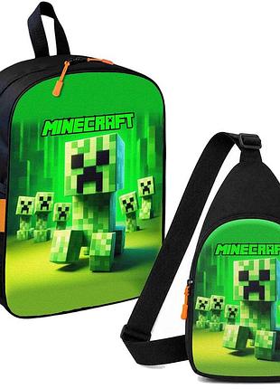 Набор minecraft крипер 2 в 1: детский рюкзак + сумка-слинг, для мальчика и девочки 7–9 лет (6180)