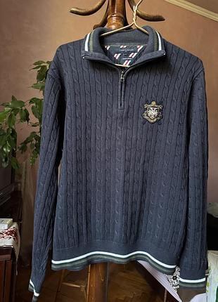 Чоловічий светр tommy hilfiger синій в'язаний з візерунком «коси» та коміром на блискавці
