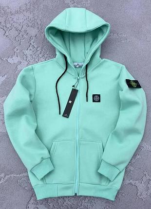 Чоловіча зимова толстовка stone island бірюзова тепла на флісі кофта стон айленд на змійці з патчем (b) xl